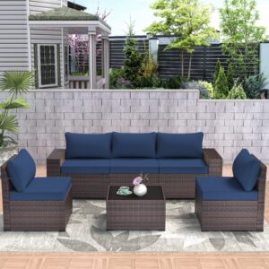 Kulunolo Outdoor Patio Furniture Sets 6 Pieces Sectional Furniture PE Rattan Wicker Couch High Backrest Large Armrest Patio Conversation Set with Coffee Table and Cushion(Navy Blue)