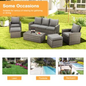 GYUTEI 6 Piece Outdoor Patio Funiture Set,Outdoor Sectional Recliner Sofa Modern High Back Wicker Seating with 2 Ottomans,All Weather Cushions and Storage Table (Grey)