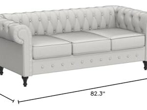 Container Furniture Direct Teressa Faux Leather Chesterfield Sofa for Living Room, Apartment or Office, Three Seater Mid Century Modern Couch, 82" W, White