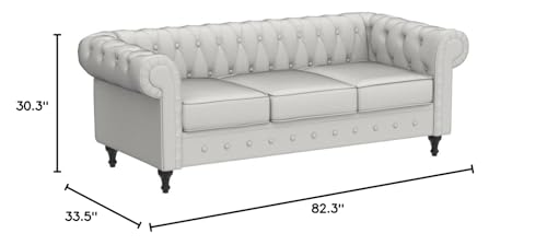 Container Furniture Direct Teressa Faux Leather Chesterfield Sofa for Living Room, Apartment or Office, Three Seater Mid Century Modern Couch, 82" W, White