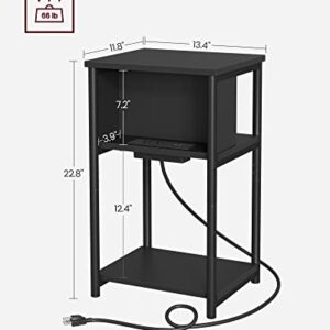 VASAGLE Side Table with Charging Station, 3-Tier End Table with USB Ports and Outlets, Nightstand for Living Room, Bedroom, 11.8 x 13.4 x 22.8 Inches, Plug-in Series, Black