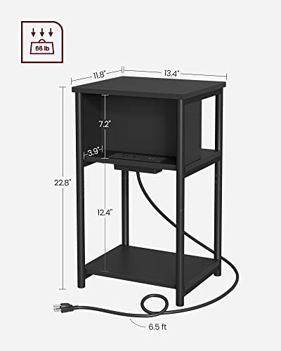 VASAGLE Side Table with Charging Station, 3-Tier End Table with USB Ports and Outlets, Nightstand for Living Room, Bedroom, 11.8 x 13.4 x 22.8 Inches, Plug-in Series, Black