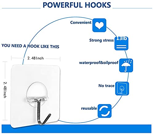 Wall Hooks 13lb(Max) Transparent Reusable Seamless Hooks,Waterproof and Oilproof,Bathroom Kitchen Heavy Duty Self Adhesive Hooks,16 Pack