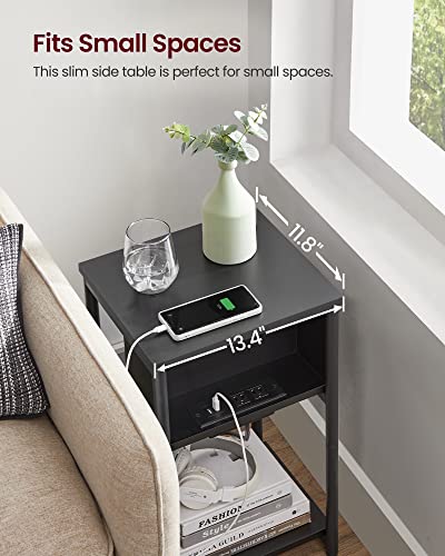 VASAGLE Side Table with Charging Station, 3-Tier End Table with USB Ports and Outlets, Nightstand for Living Room, Bedroom, 11.8 x 13.4 x 22.8 Inches, Plug-in Series, Black