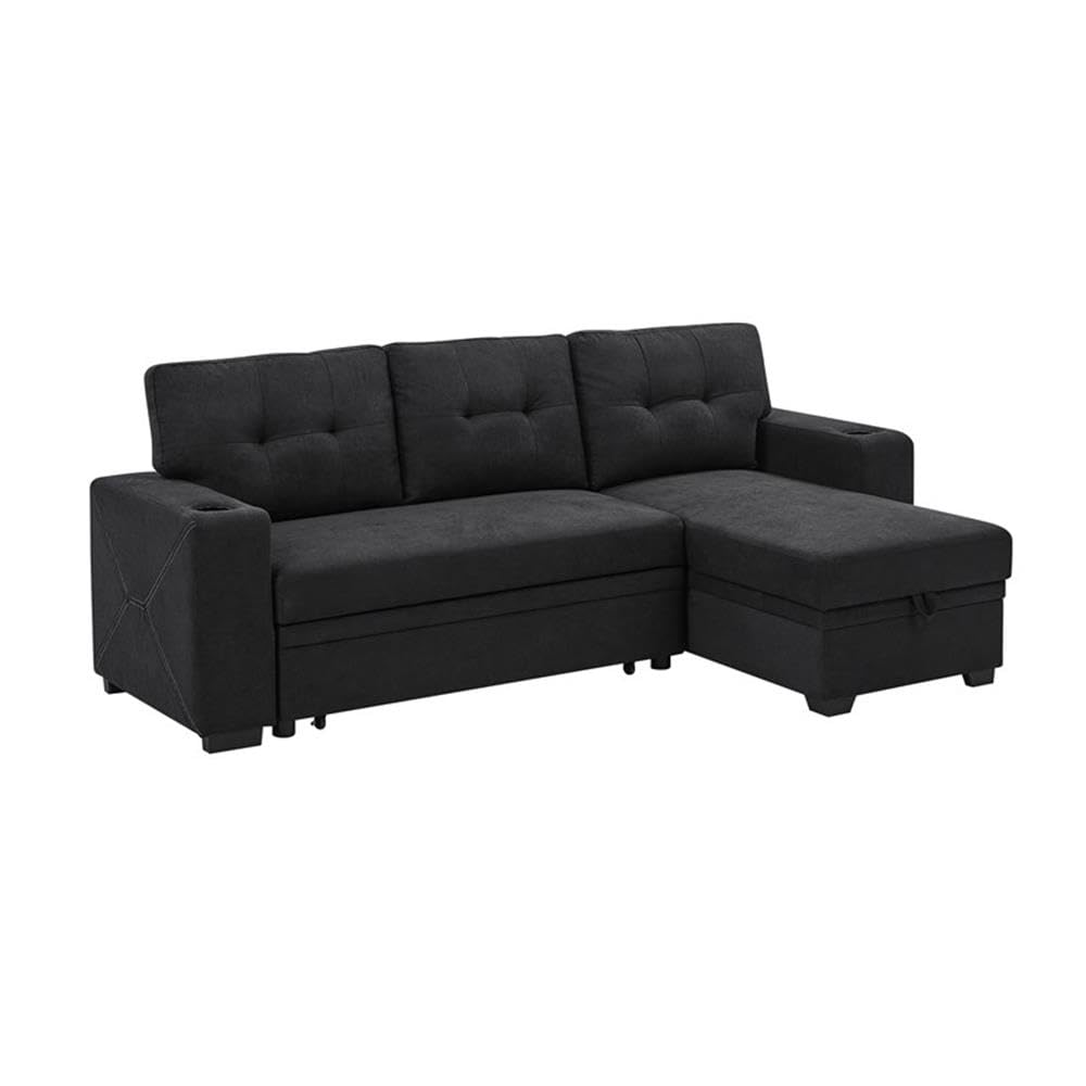 Partner Furniture Upholstery Polyester Blend Fabric Convertible Sectional Sleeper Sofa with Cup Holders in Black