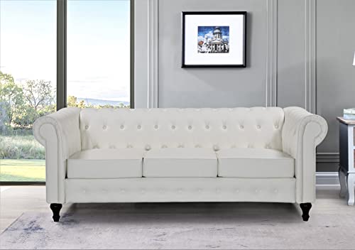 Container Furniture Direct Teressa Faux Leather Chesterfield Sofa for Living Room, Apartment or Office, Three Seater Mid Century Modern Couch, 82" W, White