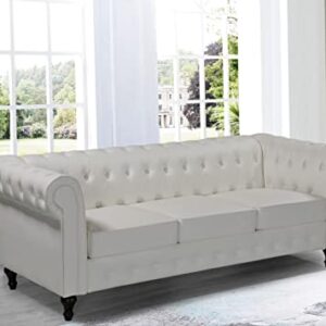 Container Furniture Direct Teressa Faux Leather Chesterfield Sofa for Living Room, Apartment or Office, Three Seater Mid Century Modern Couch, 82" W, White