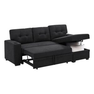 partner furniture upholstery polyester blend fabric convertible sectional sleeper sofa with cup holders in black