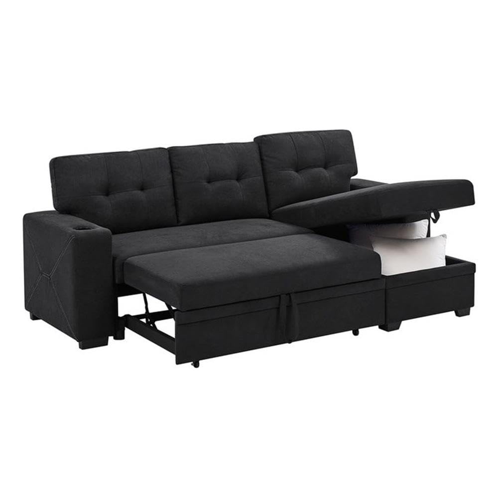 Partner Furniture Upholstery Polyester Blend Fabric Convertible Sectional Sleeper Sofa with Cup Holders in Black