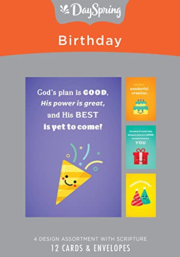 DaySpring - God’s Plan is Good – Birthday – 4 Design Assortment with Scripture – 12 Happy Birthday Cards & Envelopes (J9174)