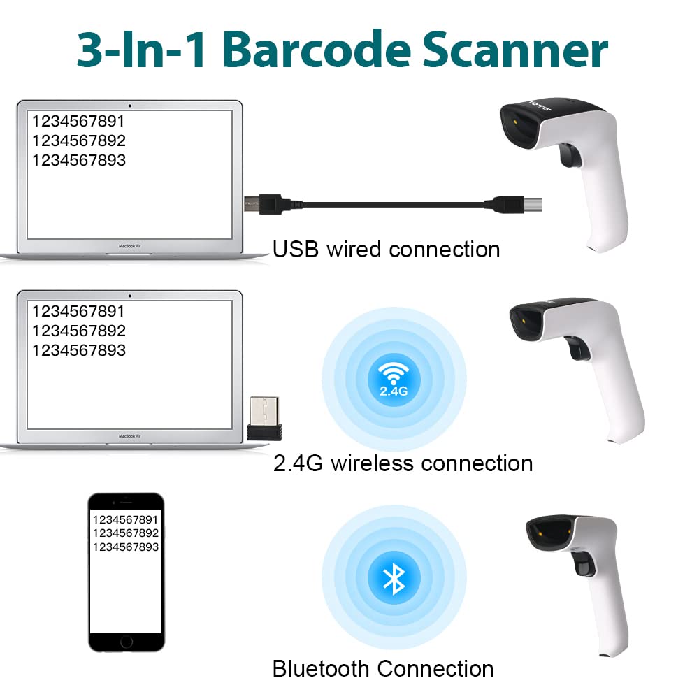 VOTTAN Wireless Bluetooth QR Code Barcode Scanner, CMOS Image Sensor Automatic Scanning Scanner 3-in-1 Connection Handheld USB Bar Code Scanner 1D 2D PDF417 Data Matrix(1D&2D)