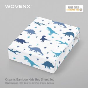 wovenx Kids Organic Viscose Derived from Bamboo Sheet Set | Twin or Full Size Fitted Bed Sheets | Oeko-Tex Certified | Cute Toddler Bedding for Girls & Boys Dino Twin