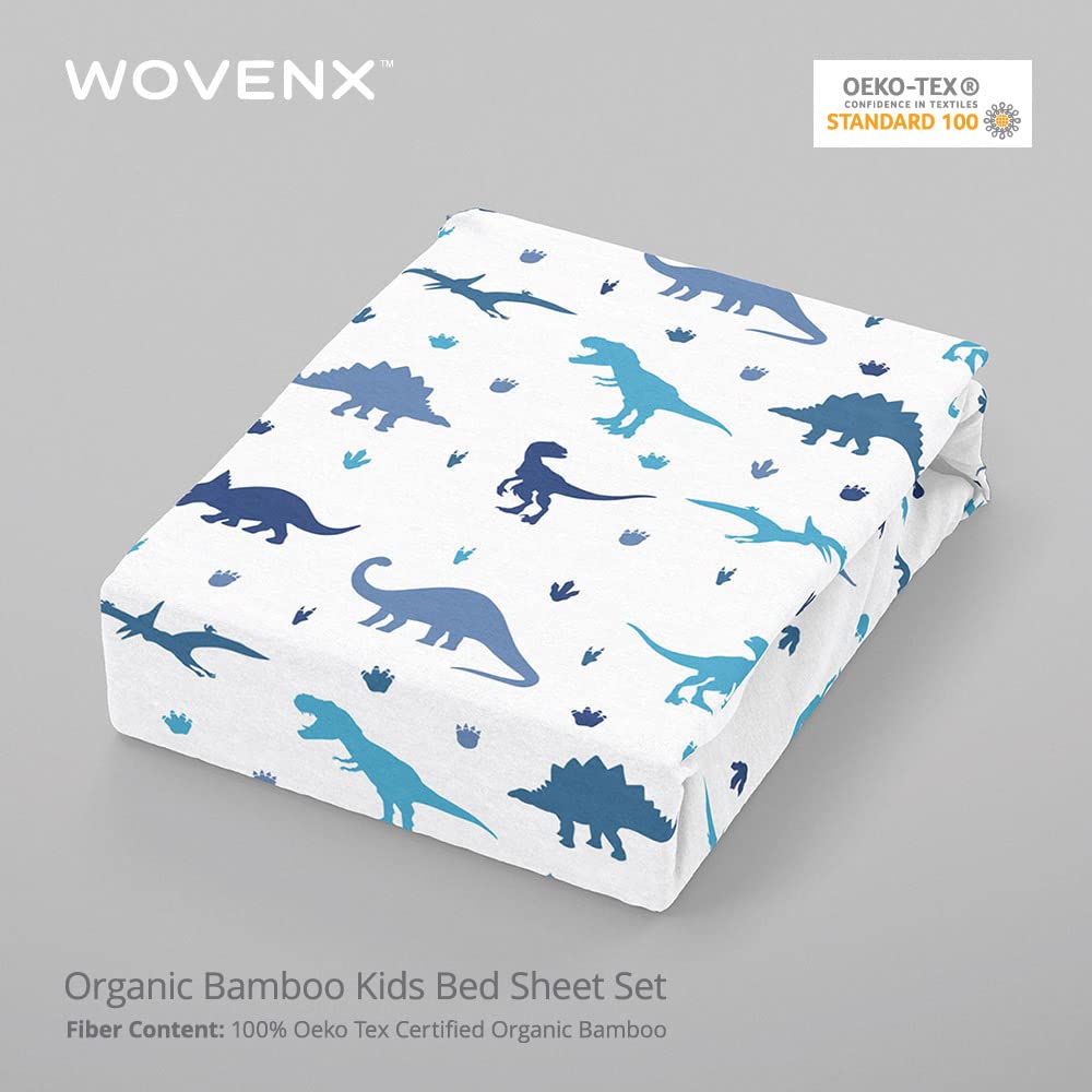 wovenx Kids Organic Viscose Derived from Bamboo Sheet Set | Twin or Full Size Fitted Bed Sheets | Oeko-Tex Certified | Cute Toddler Bedding for Girls & Boys Dino Twin