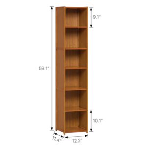 MoNiBloom Tall Slim Narrow Bookcase Bamboo 6 Tier Free Standing Tall Bookshelf Display Storage Shelves Collection Décor Furniture for Home Living Room Study Room, Brown