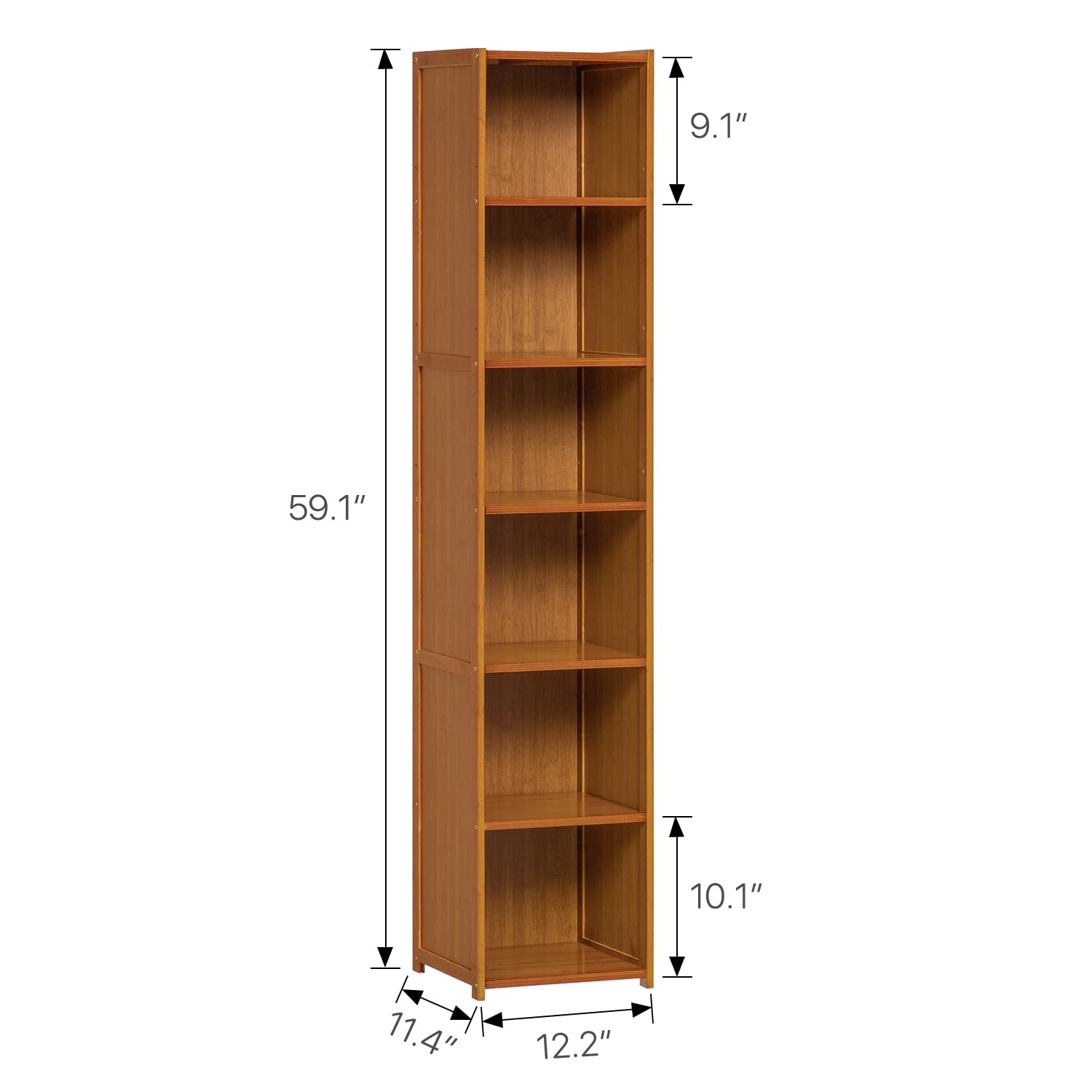 MoNiBloom Tall Slim Narrow Bookcase Bamboo 6 Tier Free Standing Tall Bookshelf Display Storage Shelves Collection Décor Furniture for Home Living Room Study Room, Brown