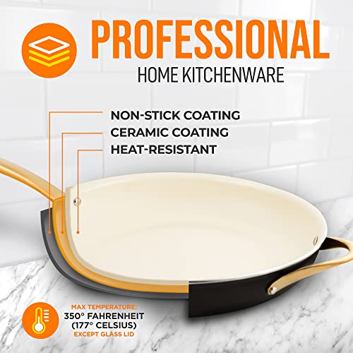 NutriChef 14-Inch Professional Ceramic Frying Pan - Extra-Large Skillet with Golden Titanium Handle, Non-Stick Ceramic Coating, Stain-Resistant, Easy to Clean, Ideal for Home Cooking