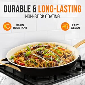 NutriChef 14-Inch Professional Ceramic Frying Pan - Extra-Large Skillet with Golden Titanium Handle, Non-Stick Ceramic Coating, Stain-Resistant, Easy to Clean, Ideal for Home Cooking