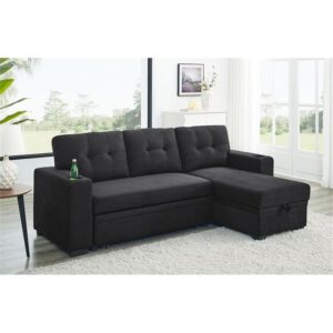 Partner Furniture Upholstery Polyester Blend Fabric Convertible Sectional Sleeper Sofa with Cup Holders in Black