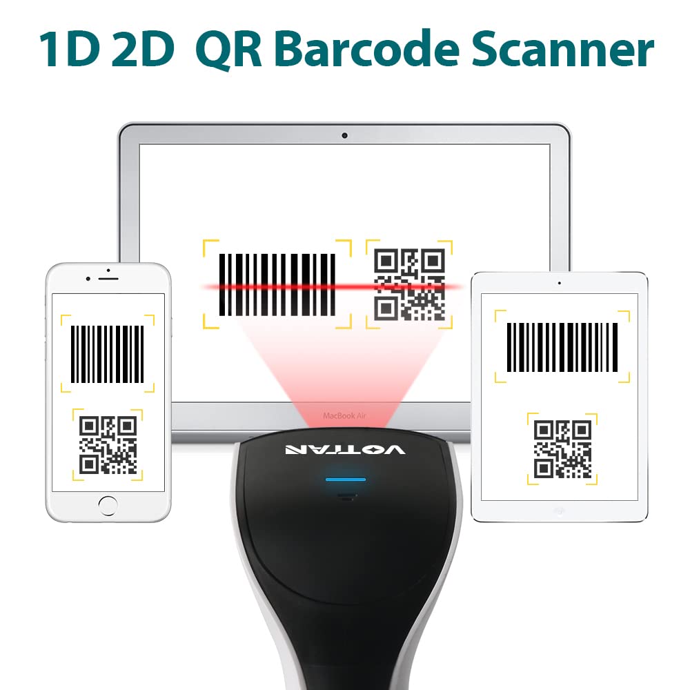 VOTTAN Wireless Bluetooth QR Code Barcode Scanner, CMOS Image Sensor Automatic Scanning Scanner 3-in-1 Connection Handheld USB Bar Code Scanner 1D 2D PDF417 Data Matrix(1D&2D)