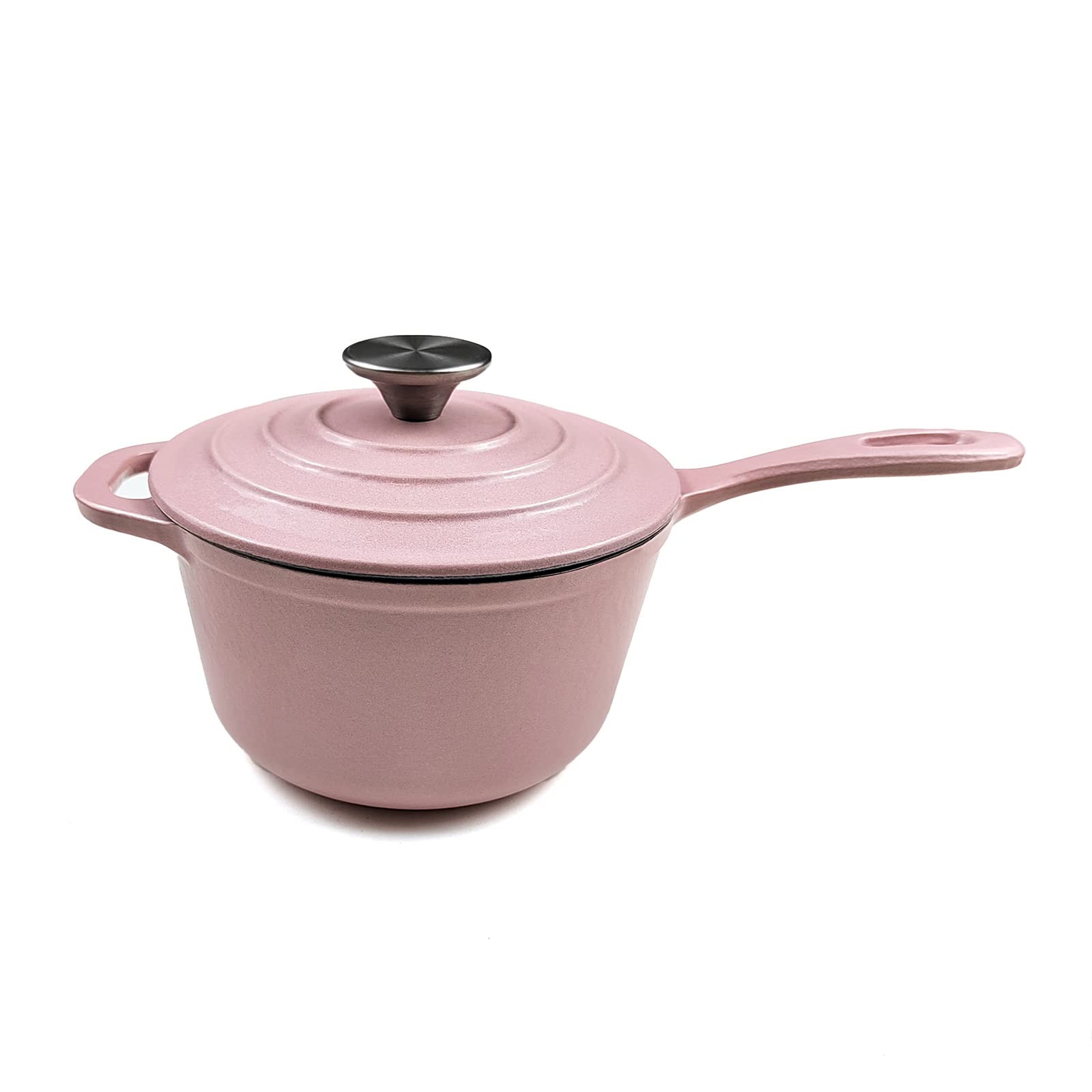 HAWOK Enameled Cast Iron Saucepan, 2QT Saucepan with Lid and Long Handle, Pink