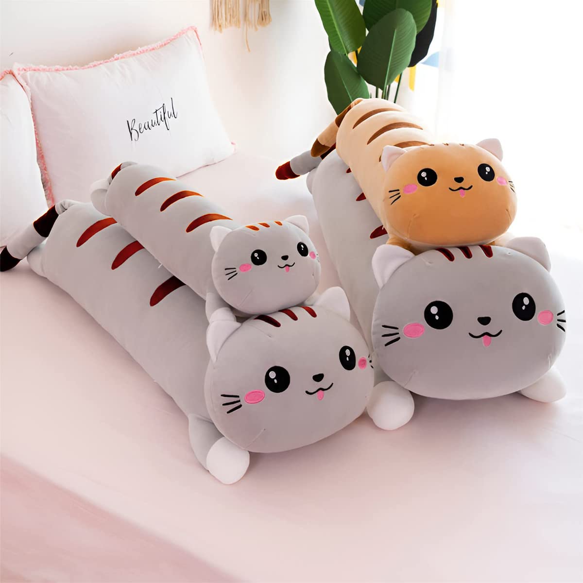 Long Cat Plush Pillow Cute Cat Plush Long Body Pillow Soft Cat Animal Body Pillow Kitten Plush Throw Pillow for Girlfriend (Gray,28in/70cm)