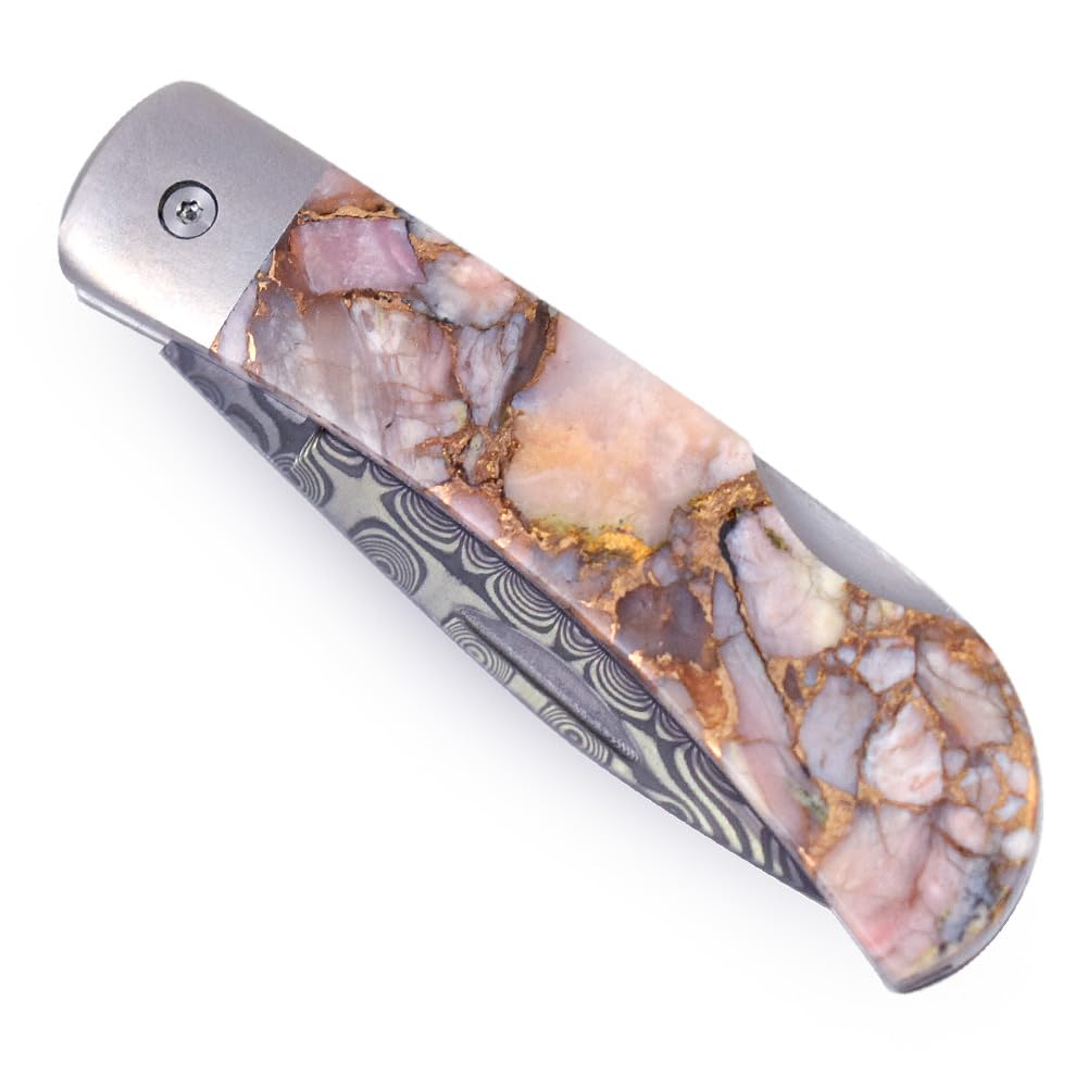 Folding Pocket Knife with Damascus Blade and Artisan-Crafted Pink Peruvian Opal Stone Handle, 3"