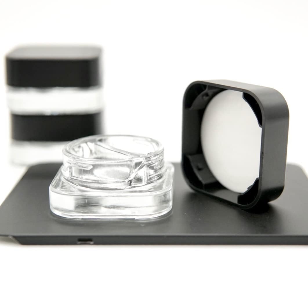 60 Pack | 7ml Square Jar w/Dual Compartments (3.5ml each compartment) | Cube Jar Glass Container (Black-Lid)