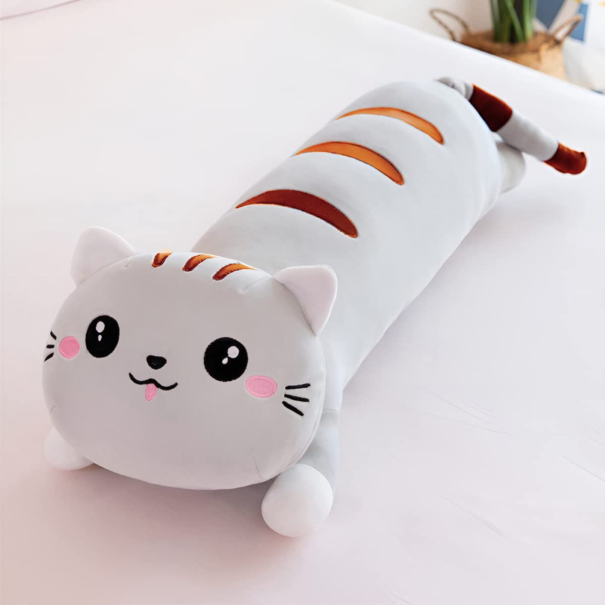 Long Cat Plush Pillow Cute Cat Plush Long Body Pillow Soft Cat Animal Body Pillow Kitten Plush Throw Pillow for Girlfriend (Gray,28in/70cm)