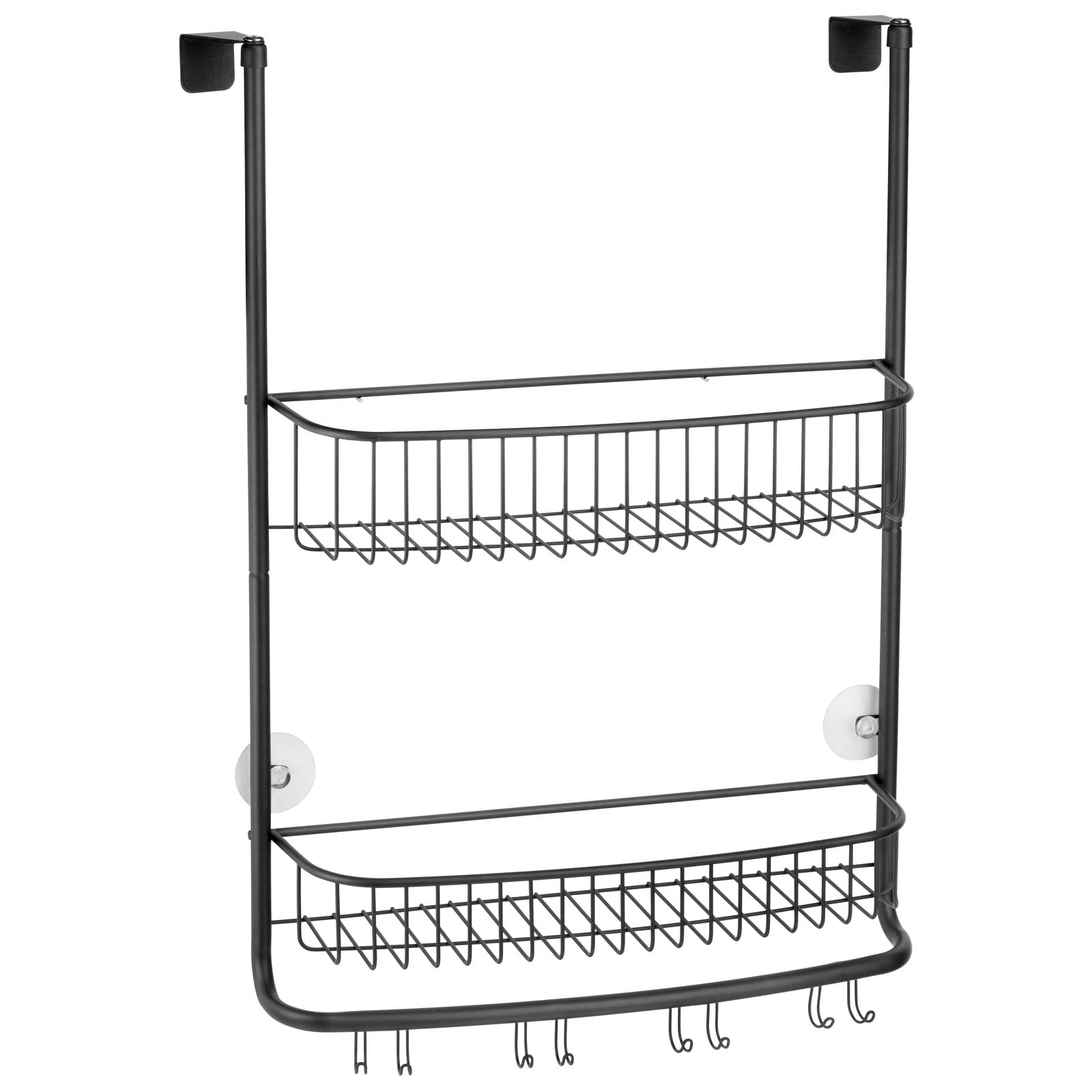 mDesign Extra Wide Stainless Steel Bath/Shower Over Door Caddy, Hanging Storage Organizer 2-Tier Rack with Hook and Basket, Holder for Soap, Shampoo, Loofah, Body Wash, Omni Collection, Black