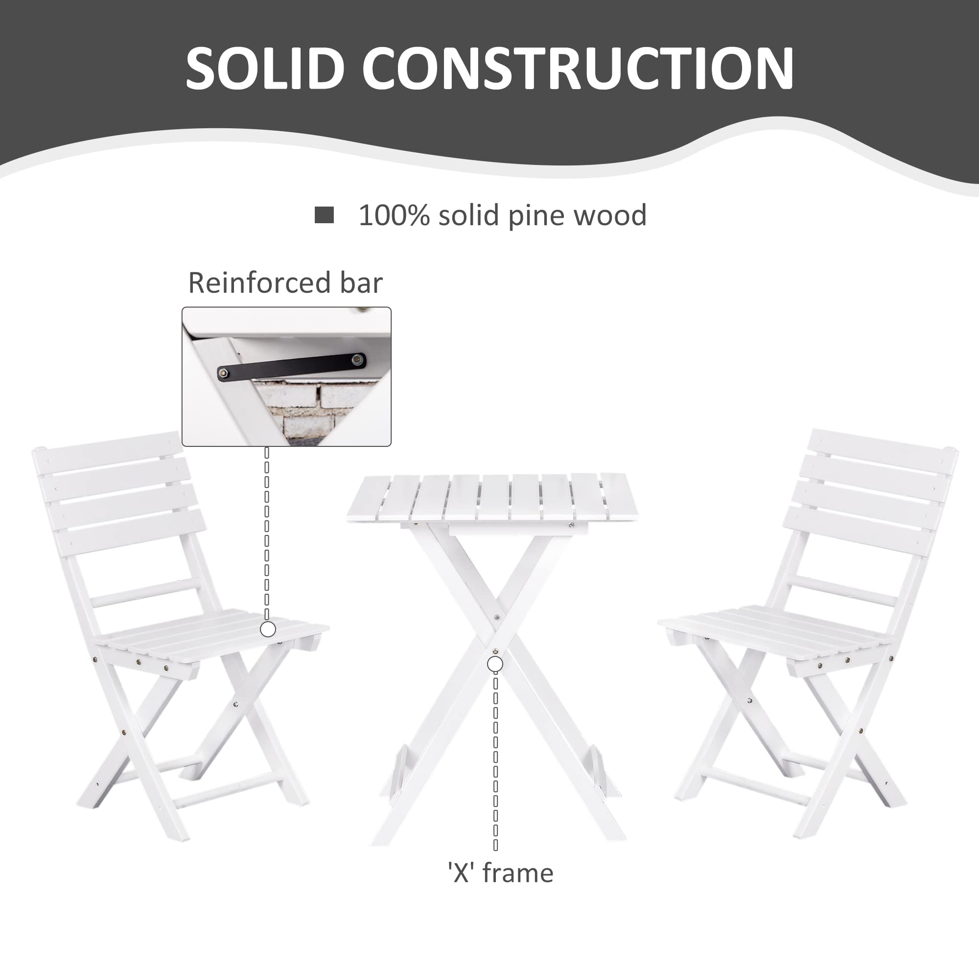 Outsunny 3 Piece Bistro Set, Wood Folding Outdoor Furniture with Table & Chairs for Backyard & Balcony, Square, White