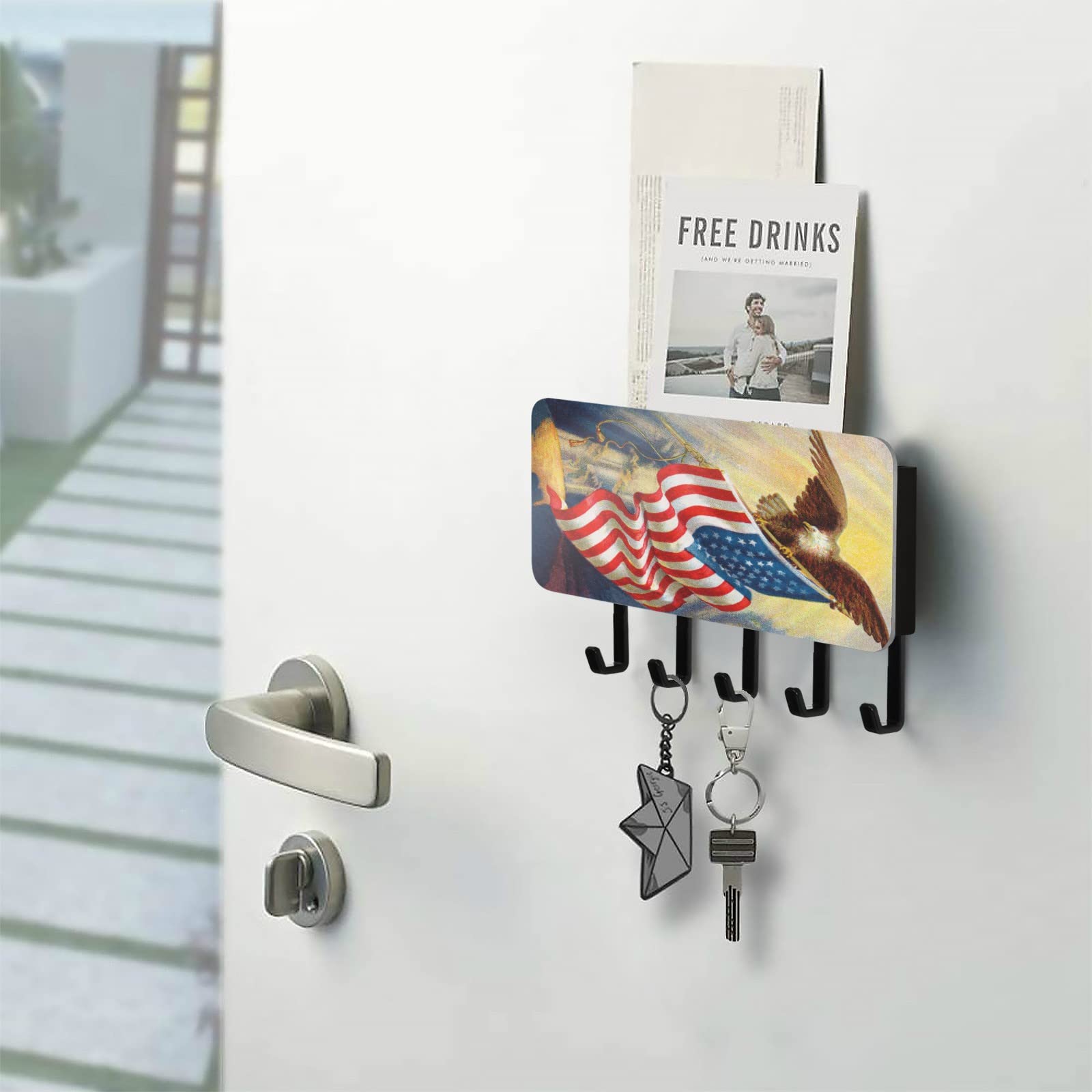 OURVII Key Holder for Wall American Flag Bald Eagle Wall Mounted Key Hook, Mail Holder Wall Mounted, Entryway Mudroom Hallway Home Decorative Key Organizer Rack with 5 Hooks