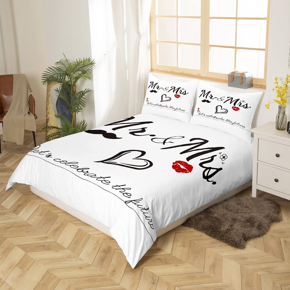 Mr Mrs Bedding Set for Couples Bride and Groom Wedding Comforter Cover Black White Creative Funny Quotes Duvet Cover Modern Valentine Day Gift Bed Set King Size Bedding Collection (No Comforter)