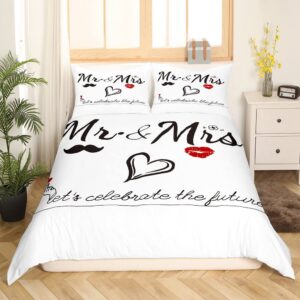 Mr Mrs Bedding Set for Couples Bride and Groom Wedding Comforter Cover Black White Creative Funny Quotes Duvet Cover Modern Valentine Day Gift Bed Set King Size Bedding Collection (No Comforter)