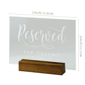 Acrylic Reserved Sign with Wood Stand- 5” x 7" Clear Acrylic Reserved For Brides Family Sign | Table Decoration Signs with Holder for Wedding Reception & Event Party Table Centerpiece Decoration