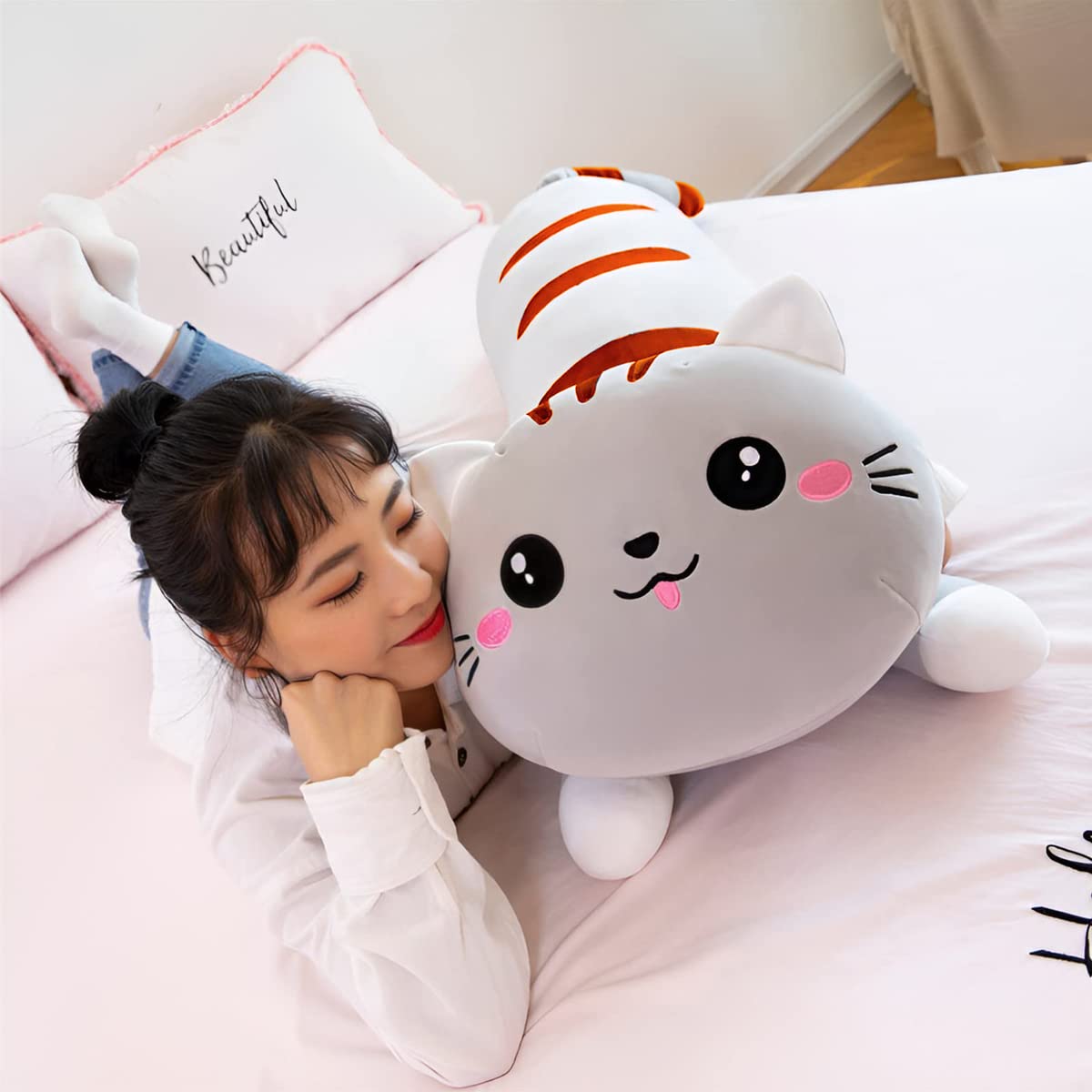 Long Cat Plush Pillow Cute Cat Plush Long Body Pillow Soft Cat Animal Body Pillow Kitten Plush Throw Pillow for Girlfriend (Gray,28in/70cm)