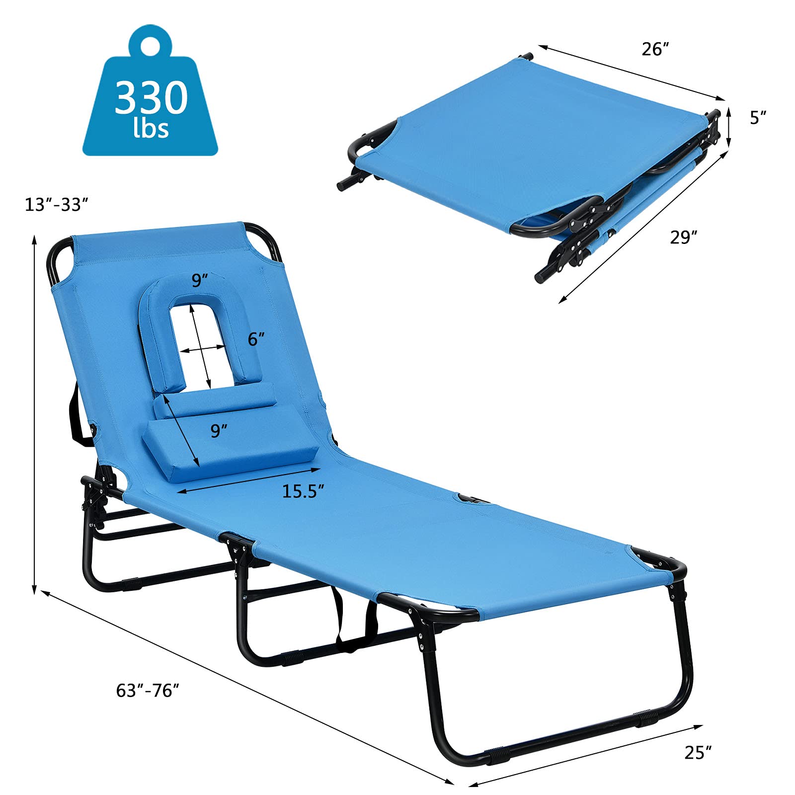 gotoplay Folding Beach Lounge Chair w/ 5 Adjutable Backrest & Padded Pillow, Sunbathing Lounger Chair, Sun Tanning Lay Flat Chair for Seaside Pool Deck, Max Load 330 LBS, No Assembly Required (Blue)