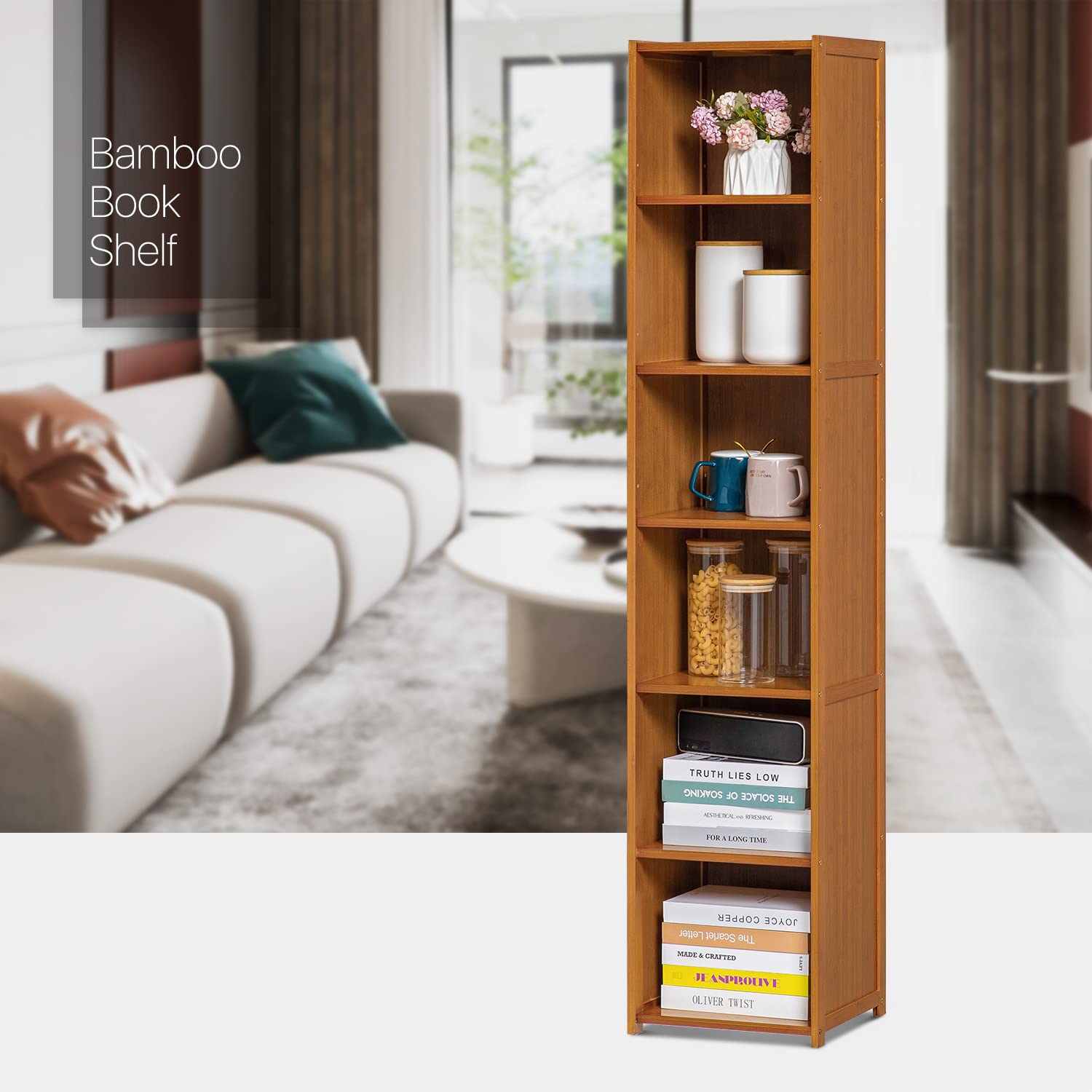 MoNiBloom Tall Slim Narrow Bookcase Bamboo 6 Tier Free Standing Tall Bookshelf Display Storage Shelves Collection Décor Furniture for Home Living Room Study Room, Brown