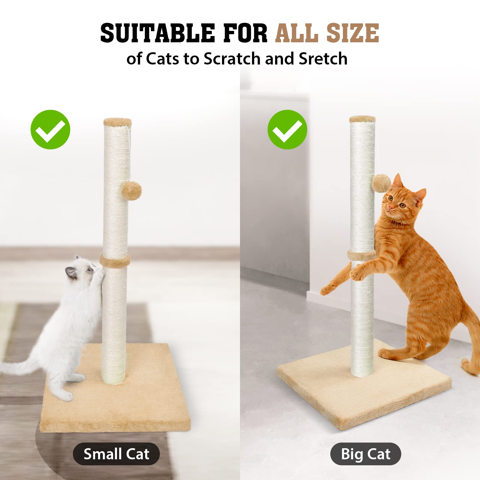 petellow 31'' Tall Cat Scratching Post - Cat Claw Scratcher with Hanging Ball - Scratching Posts for Indoor Large Cats - Durable Stable Cat Furniture with Sisal Rope - Cat Scratch Post - Beige