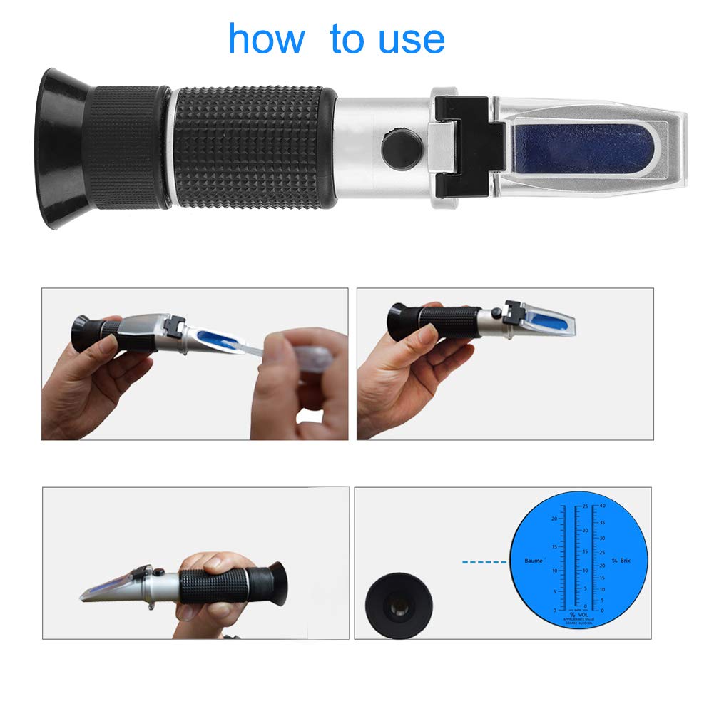 3 in 1 Refractometer, Portable Hand Held Grape and Wine Alcohol Refractometer for restautant, Vineyard, Chateau Wine, Family Dinner 0-25% Vol 0-40% 0-22 Dual Scale