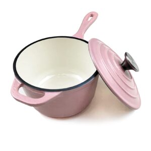 HAWOK Enameled Cast Iron Saucepan, 2QT Saucepan with Lid and Long Handle, Pink