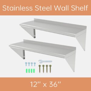 ERUPTA 2pcs - 12 x 36 inches 270 lb, Stainless Steel Wall Mount Floating Shelving, Commercial Stainless Steel NSF Shelf for Restaurant Kitchen, Home Kitchen, Hotel, Food Truk, Garage