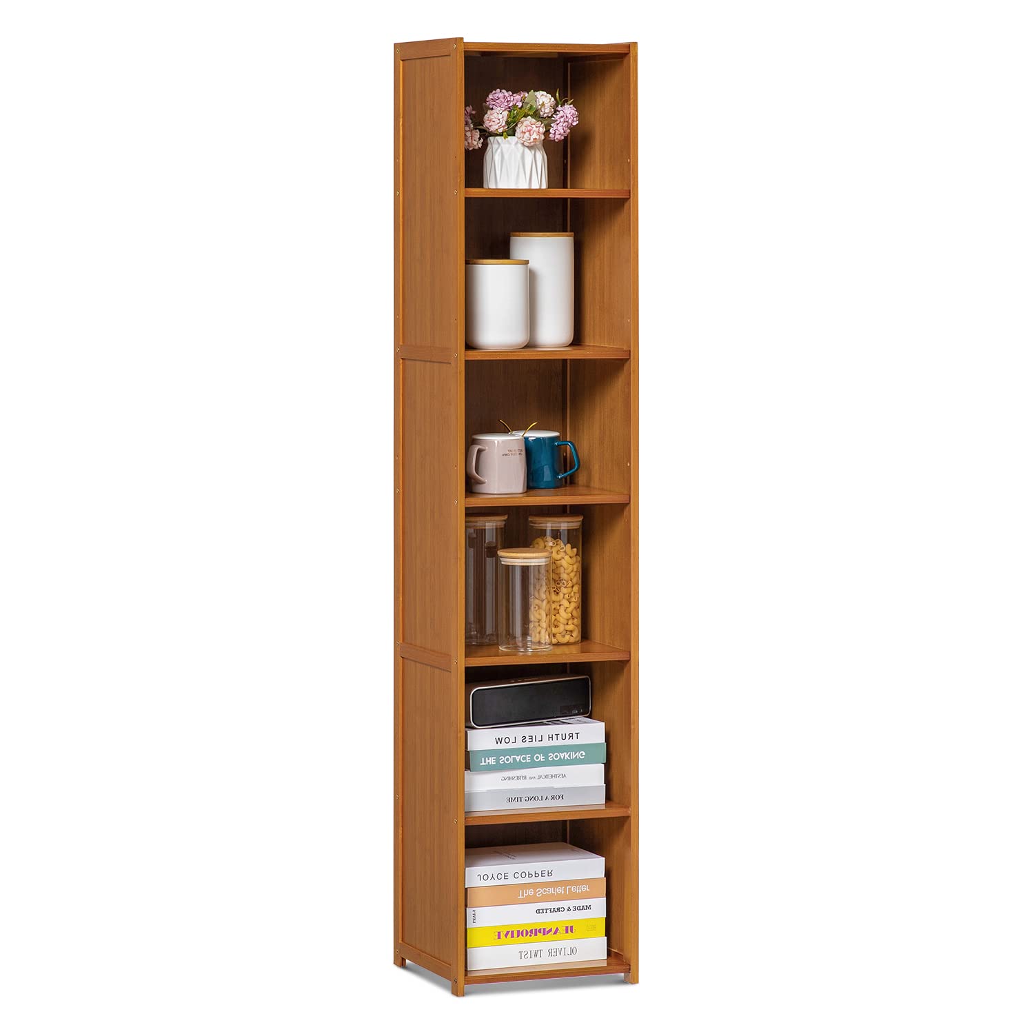 MoNiBloom Tall Slim Narrow Bookcase Bamboo 6 Tier Free Standing Tall Bookshelf Display Storage Shelves Collection Décor Furniture for Home Living Room Study Room, Brown