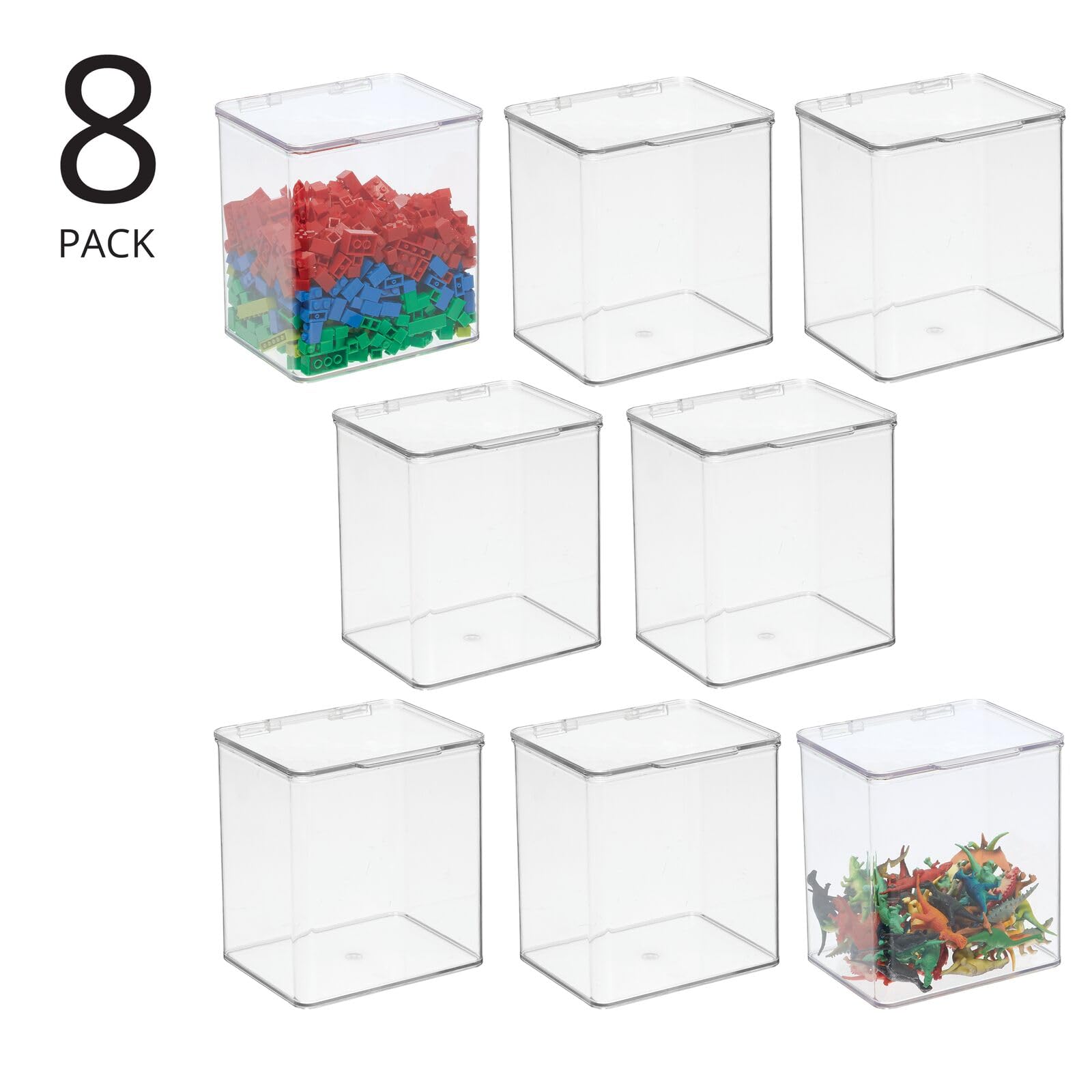 mDesign Plastic Playroom and Gaming Storage Organizer Box Containers with Hinged Lid for Shelves or Cubbies, Holds Small Toys, Building Blocks, Puzzles, Markers, Controllers, or Crayons, 8 Pack, Clear