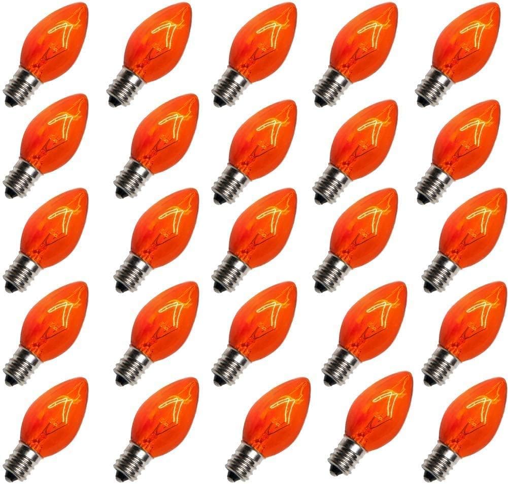 25 Pack C7 Orange Halloween Light Bulbs, C7 Clear Orange Replacement Light Bulbs E12 Candelabra Base Bulbs for Halloween Christmas Outdoor String Lights Candles, Night Lights Bulbs 5W 120V- Orange