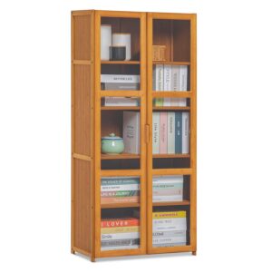 monibloom bamboo bookcase with acrylic doors 5 tier multipurpose storage bookshelf display stand for home office bedroom living room, brown