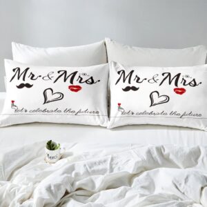 Mr Mrs Bedding Set for Couples Bride and Groom Wedding Comforter Cover Black White Creative Funny Quotes Duvet Cover Modern Valentine Day Gift Bed Set King Size Bedding Collection (No Comforter)