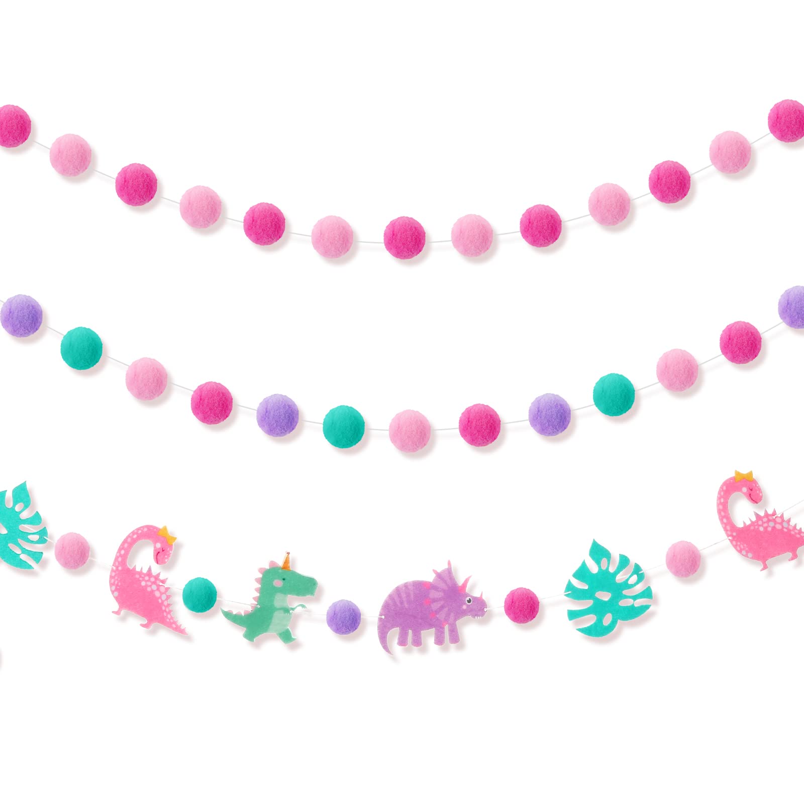 Kingdder 3 Pcs Pink Dinosaur Banner Party Decoration for Girls Pink Pom Pom Birthday Garland Felt Ball Banner Dinosaur Theme Holiday Hanging Garlands for Baby Shower Nursery Photo Prop Party Supplies