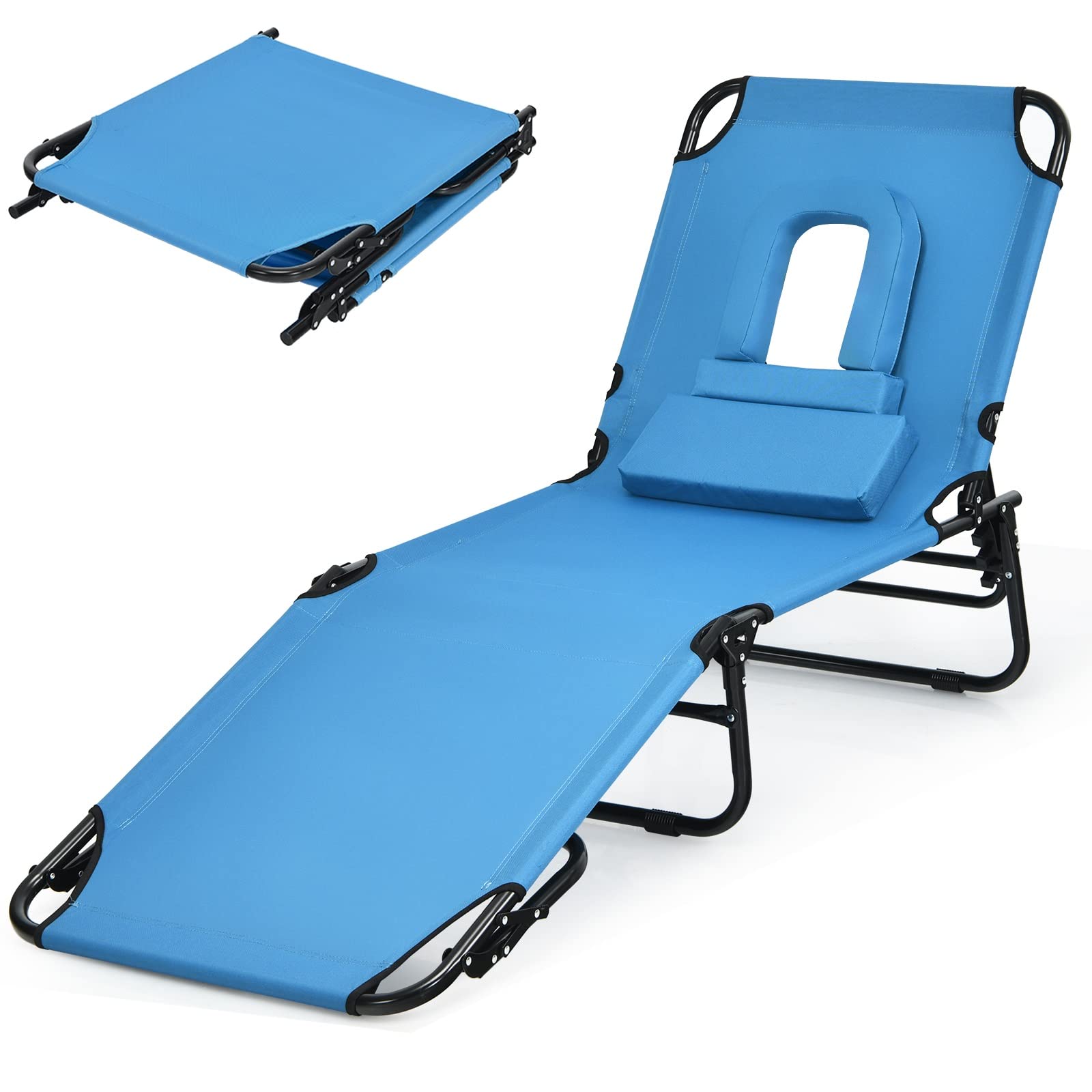 gotoplay Folding Beach Lounge Chair w/ 5 Adjutable Backrest & Padded Pillow, Sunbathing Lounger Chair, Sun Tanning Lay Flat Chair for Seaside Pool Deck, Max Load 330 LBS, No Assembly Required (Blue)