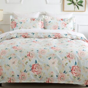 DAUAOTO Queen Size 90"X90" Duvet Cover Set, Bedding Cotton Floral Print Pattern for Teens Girls, Rose Flower Garden