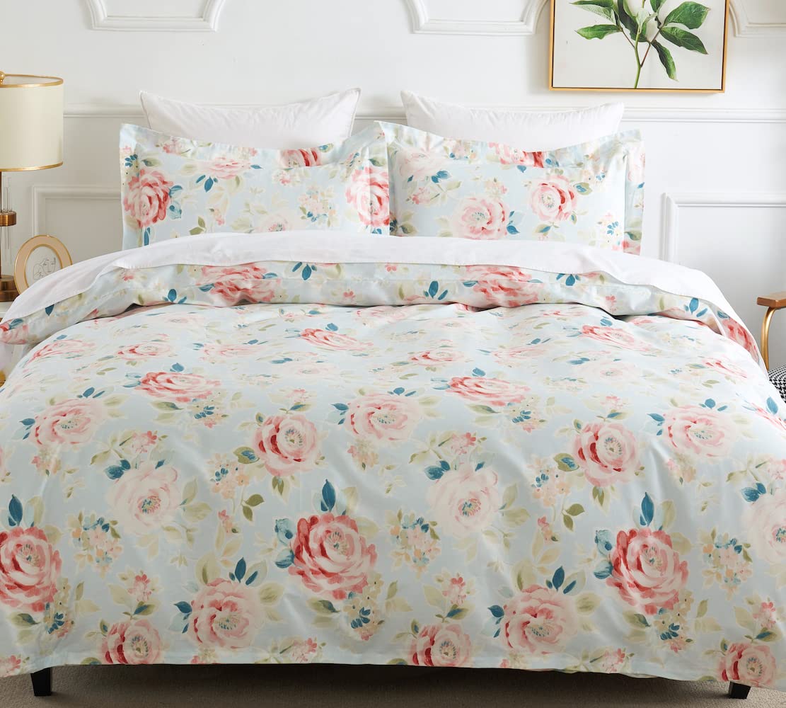 DAUAOTO Queen Size 90"X90" Duvet Cover Set, Bedding Cotton Floral Print Pattern for Teens Girls, Rose Flower Garden